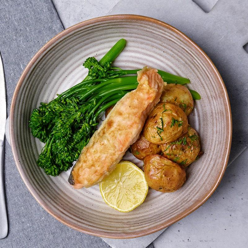 Salmon Steak, Roast Chat Potatoes and Broccoli