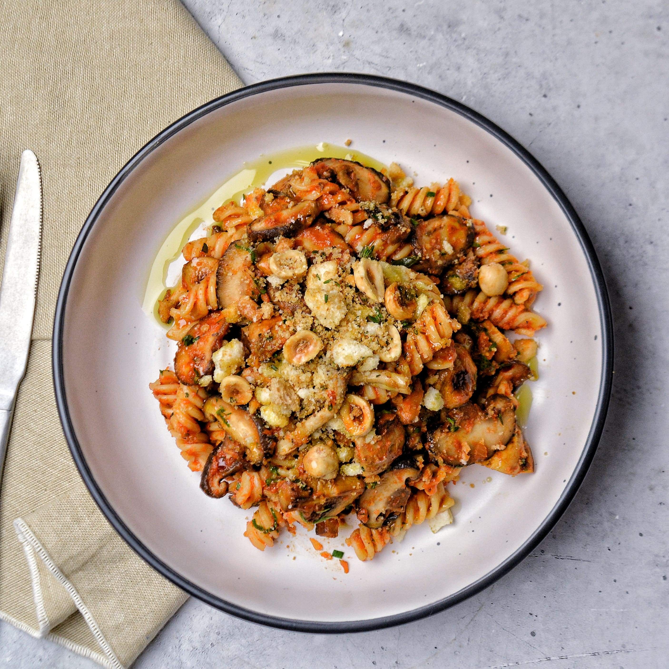 Vegan Mushroom Fusilli Pasta with Hazelnut Pangrittato