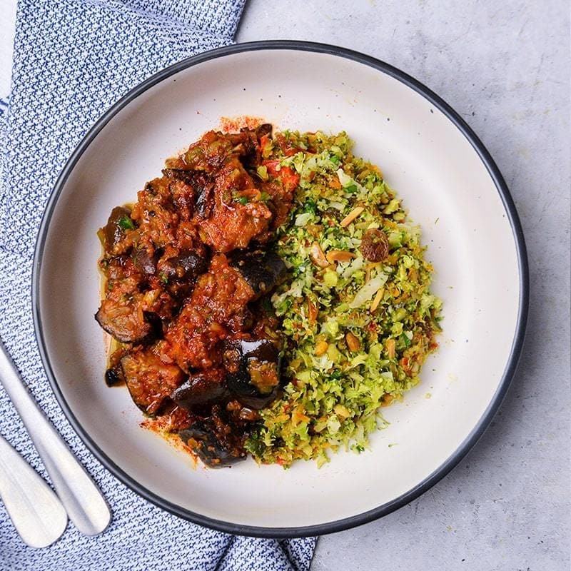 Sicilian Eggplant Stew, with Almond Broccoli Rice Salad